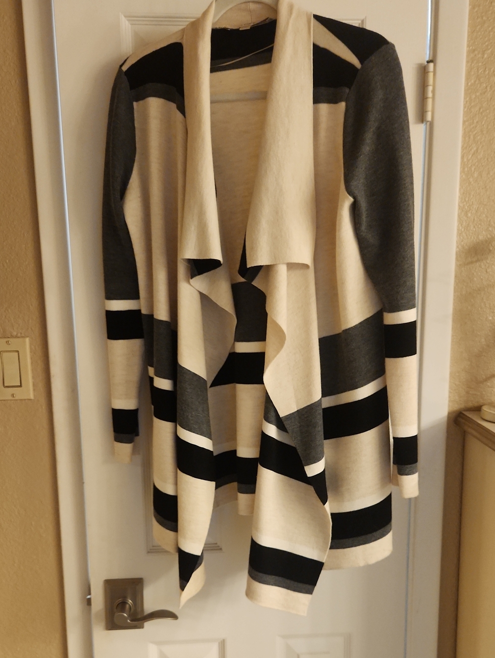 LOFT Black, Gray & Cream Striped Open-Front Cardigan